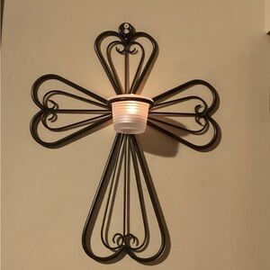 PARTYLITE ANTIQUE BRONZE WALL HANGING CROSS TEA LIGHT CANDLE HOLDER